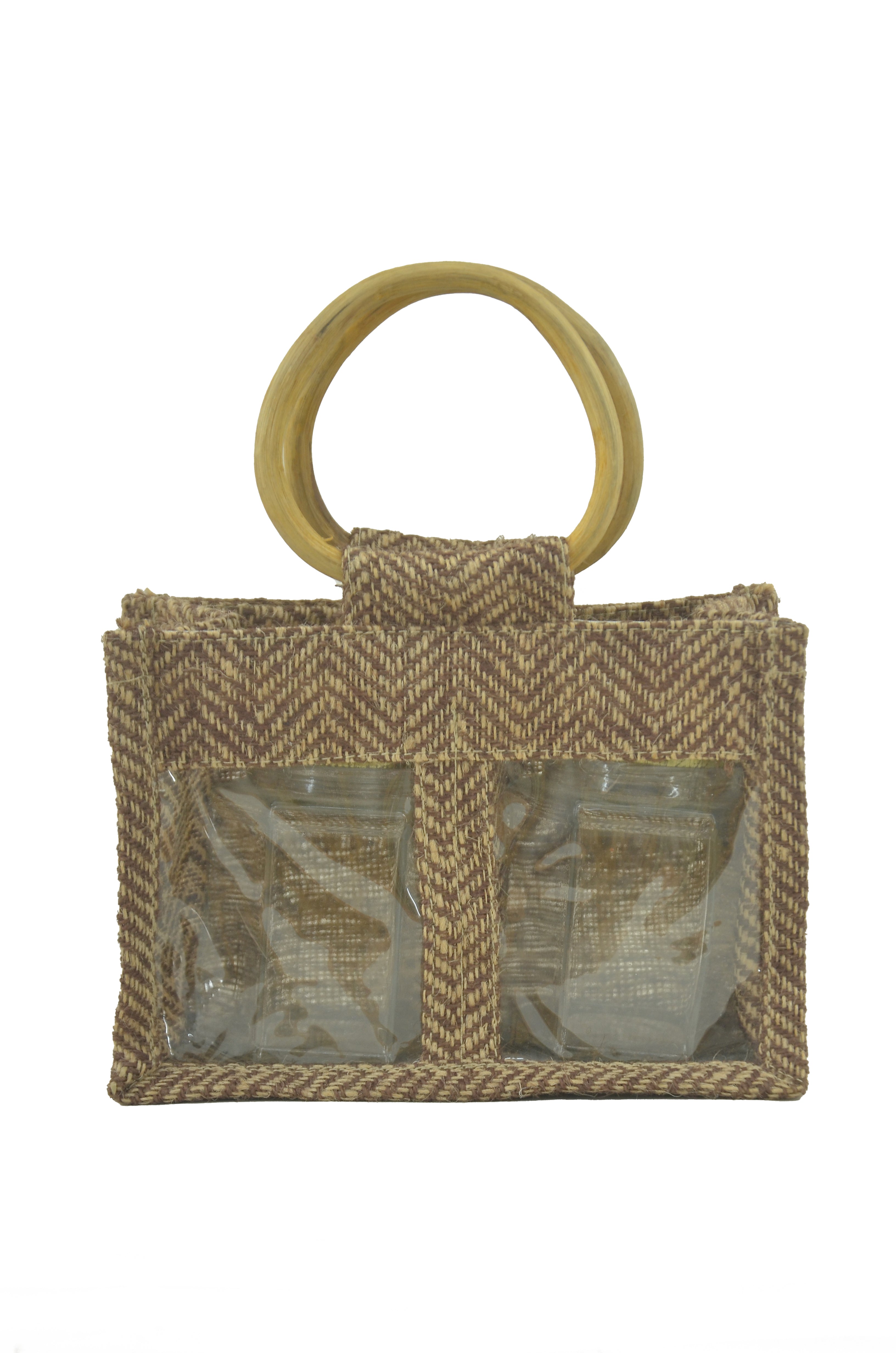 Herringbone Jute Jar Bag with Window - Brown (Pack of 2)