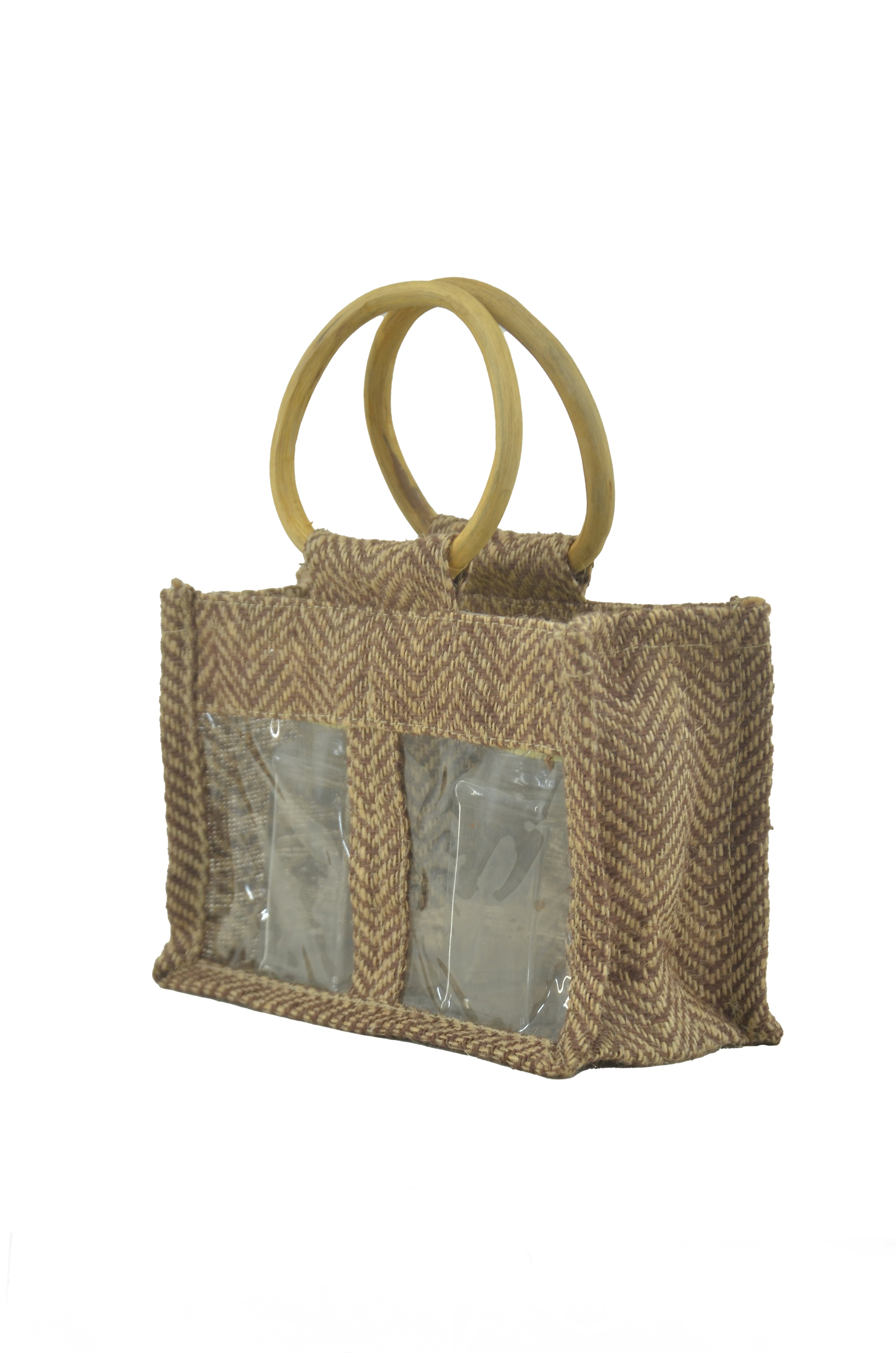 Herringbone Jute Jar Bag with Window - Brown (Pack of 2)