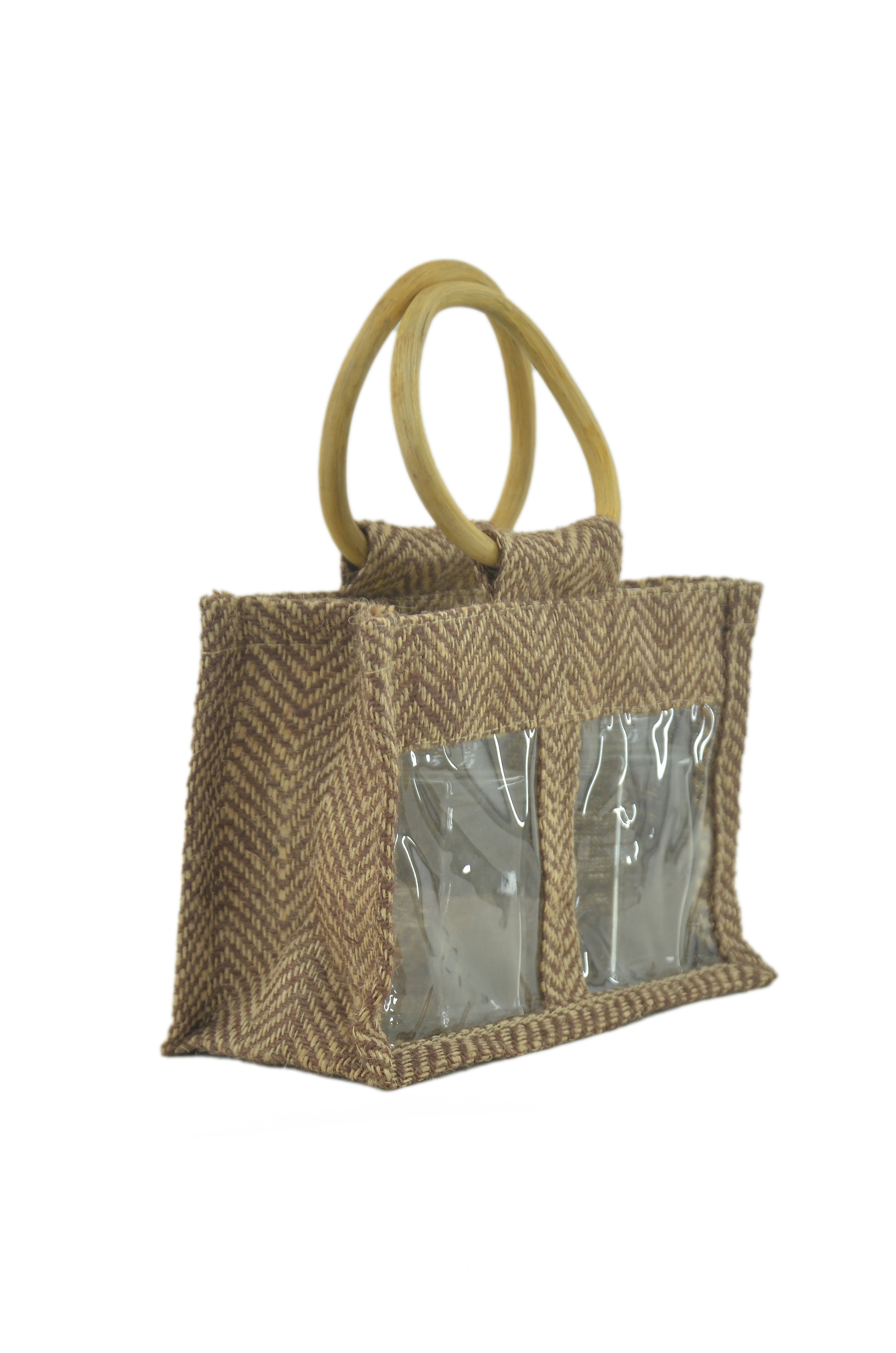 Herringbone Jute Jar Bag with Window - Brown (Pack of 2)