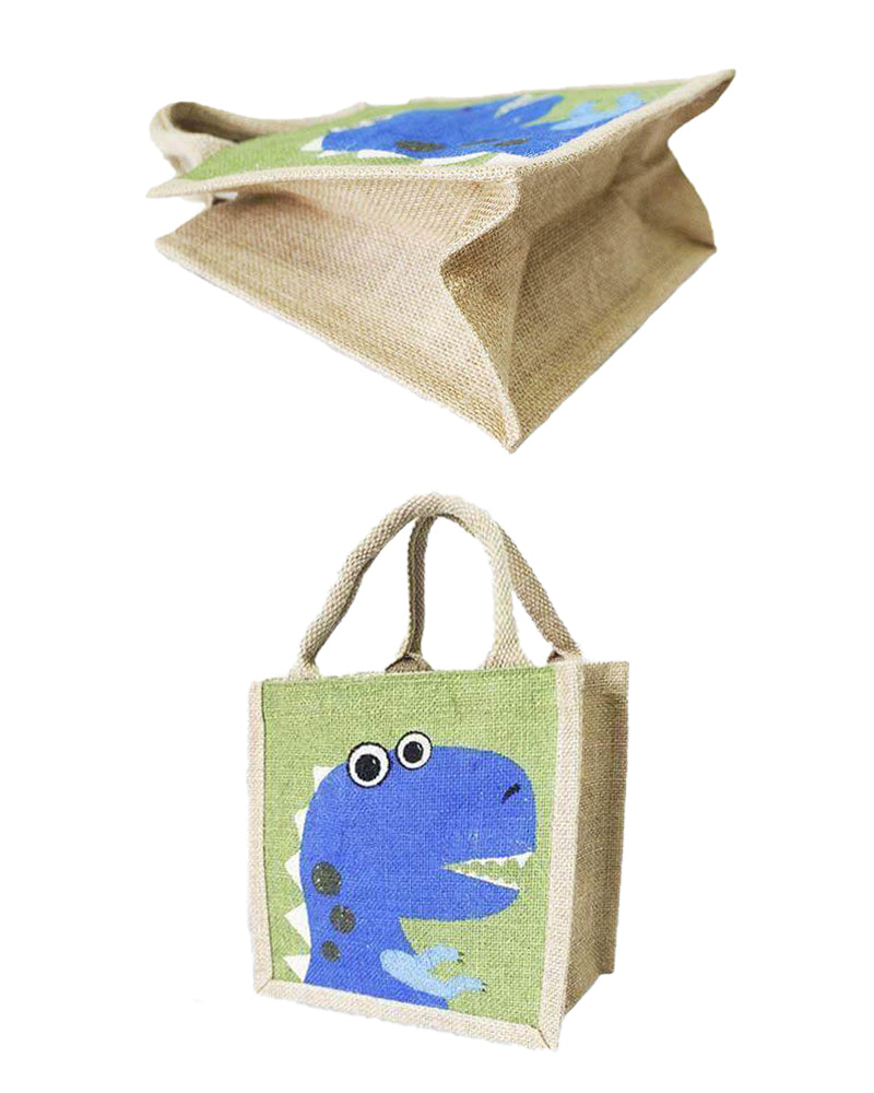 Jute Lunch Bag : Blue Dinosaur Print 