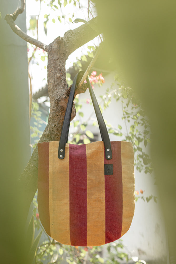 Upcycled Jute Tote Bag with Leather Handles Upcycled Jute Tote Bag with Leather Handles