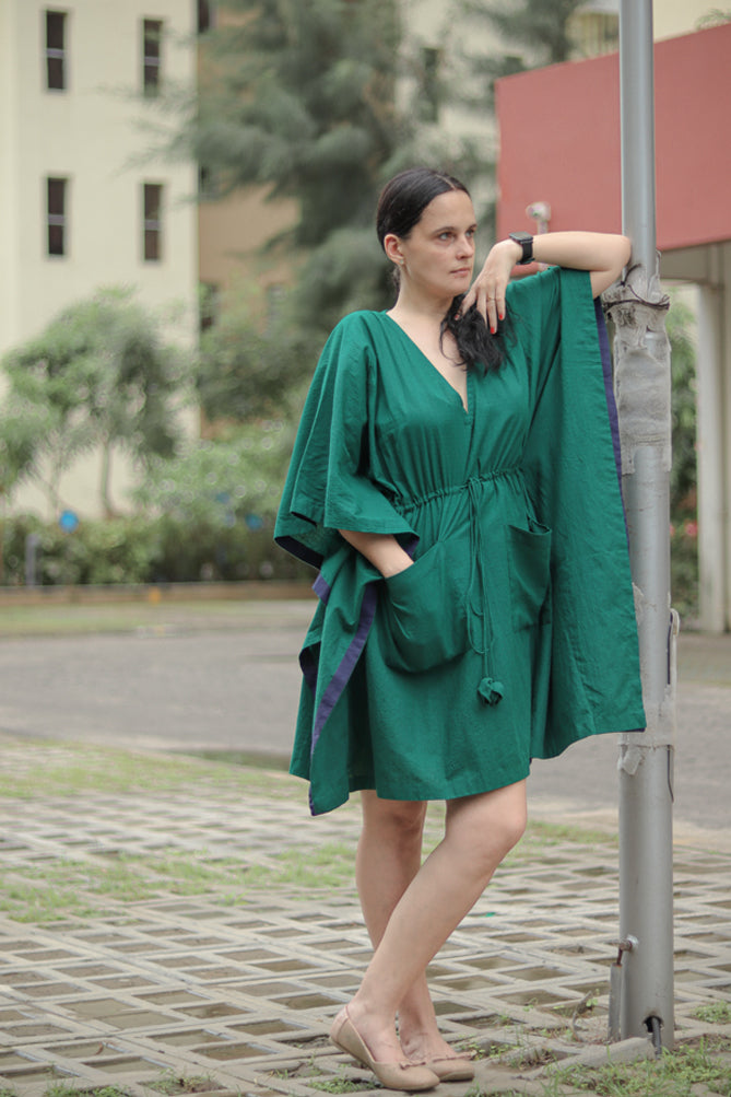 Look modish regardless of the current trends or seasons with our Green Kaftan Dress with Dual Pocket made from pure handloom Cotton.