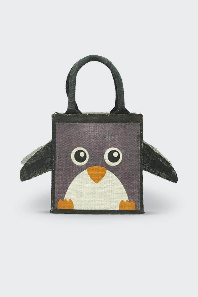 animal print  jute bag with penguin printed on it front view