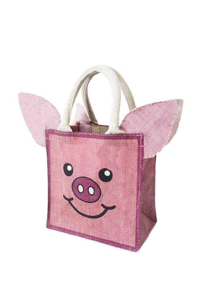 animal print  jute bag with pig printed on it side view
