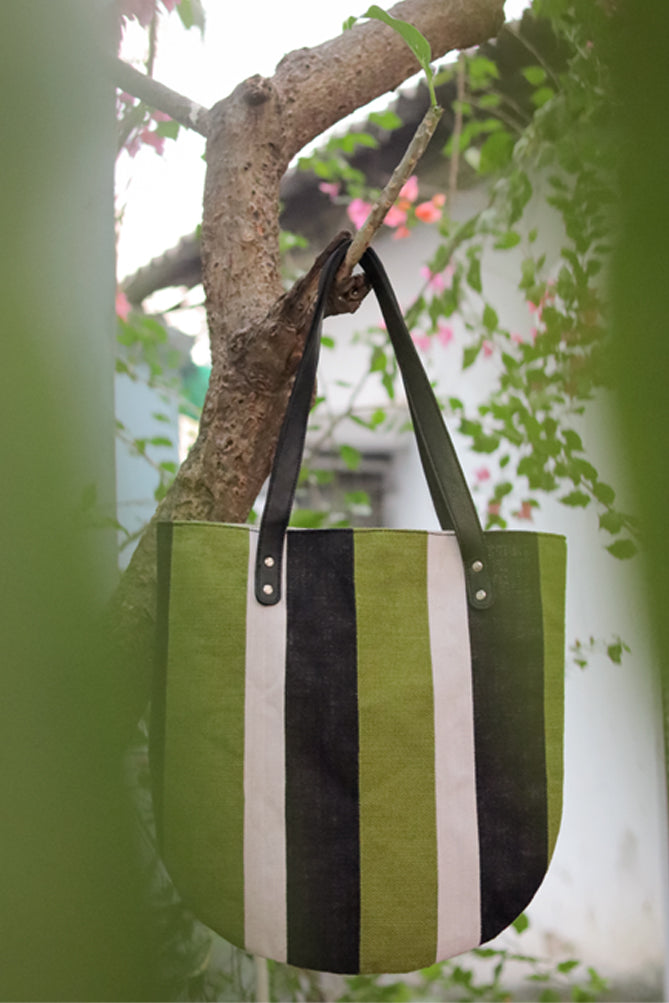 Upcycled Jute Tote Bag with Leather Handles