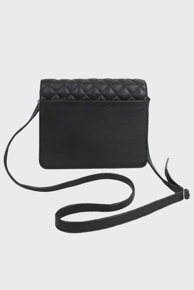 Rear Side View of Leather Black Quilted Shoulder Bag with Shoulder Strap
