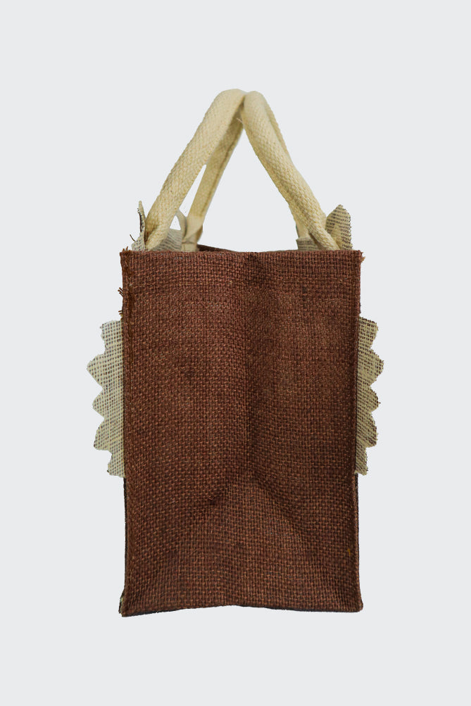 animal print jute bag with brown owl printed on it side view